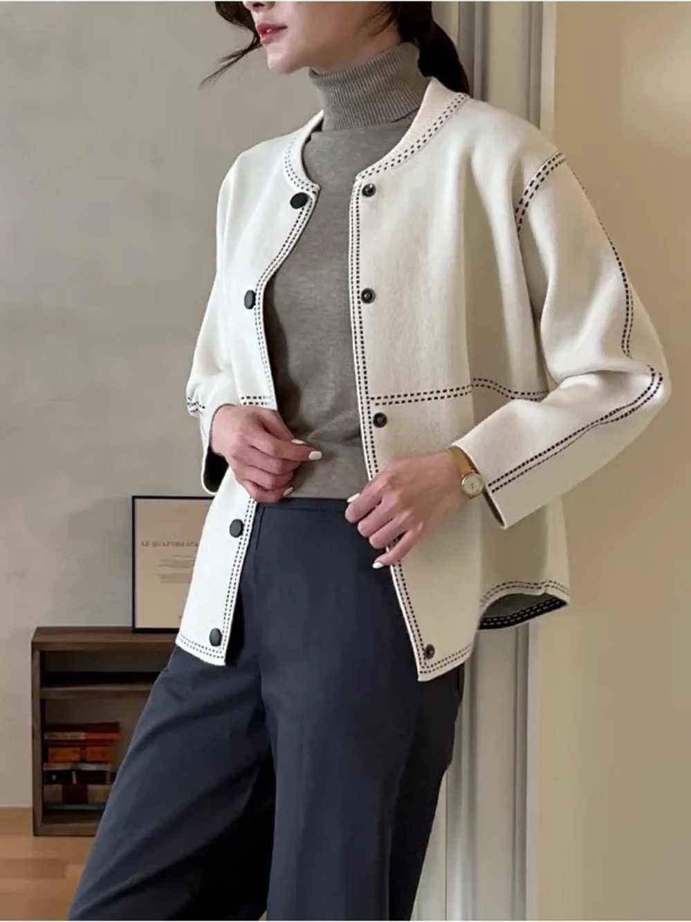 Korean Ivory Button-Front Knit Cardigan with Black Stitching